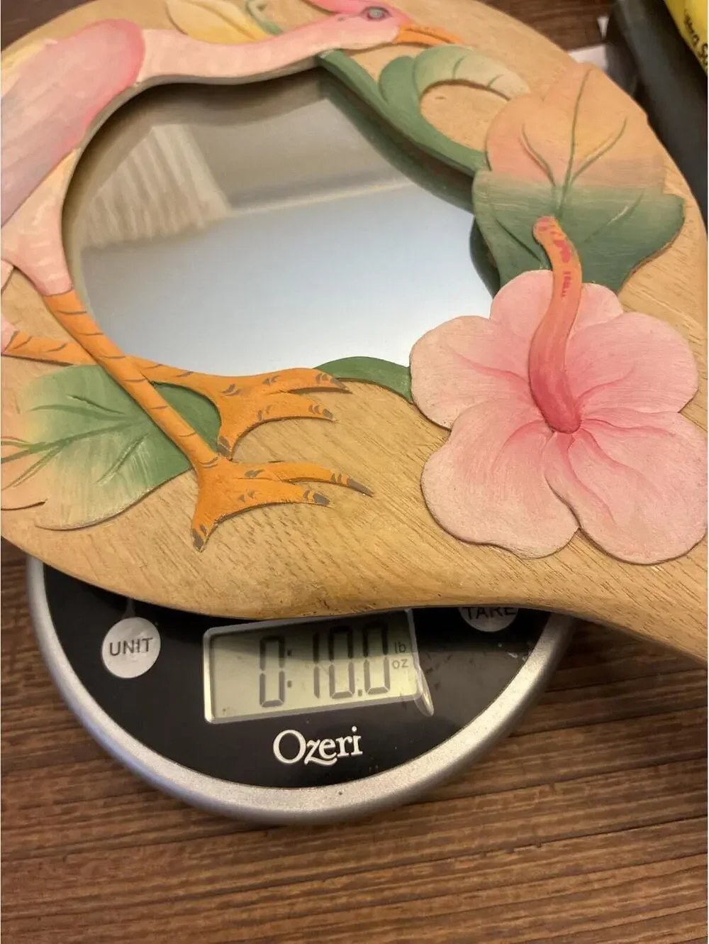 Vintage Hand Carved Flamingo Hibiscus Wood Vanity Mirror Tropical Decor